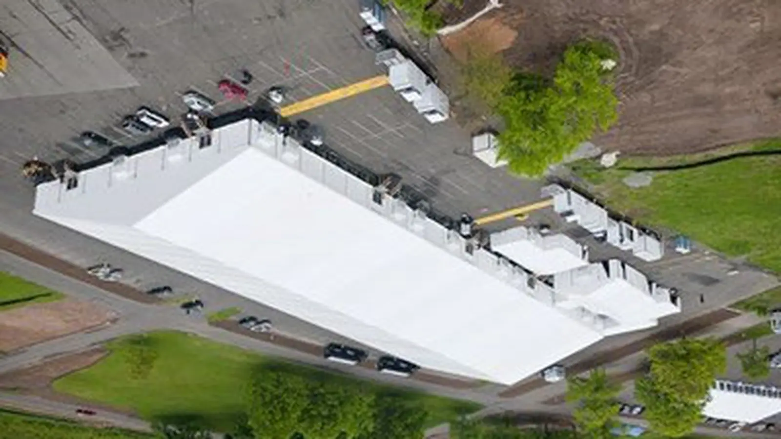 Aerial view of a temporary structure on a hardstand